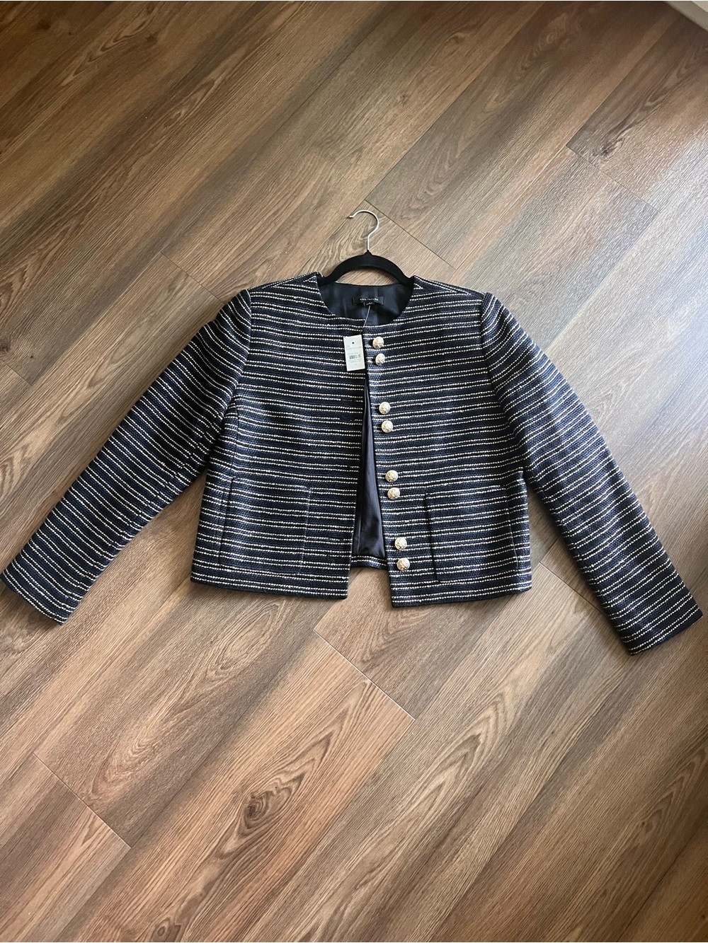 Ann Taylor Black & White Striped Cropped Jacket with Gold Buttons
